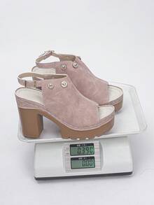 Women's Summer New High Heel Sandals, Plus Size, Rhinestone Flower Decor, Chunky Heel, Backless, Contrast Stitching, Rhinestone Flower & Rivet Embellishments, Adjustable Metal Buckle Back Strap, Vintage American Style, Pink Suede, Thick Platform, Height-Increasing, Slimming, Open Toe, Elegant Women's High Heel Sandals - Pink Frosted - View 9