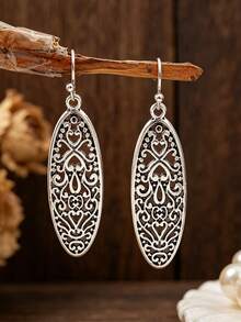 1 Pair Vintage Geometric Hollow Carved Alloy Long Luxury Earrings - Antique Silver - View 1