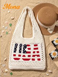 Women USA Flag Knit Mesh Tote Bag, Hollow Out Crochet Beach Bag Large Capacity Shoulder Handbag For Summer Vacation Travel Grocery Shopping - Beige - View 8