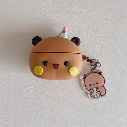 Dorable Brown And White Teddy Bear Design Silicone Case For Pro 3/Pro 2/Pro/ 4, Shockproof Soft Protective Earphone Cover, Supports Wireless Charging, Cute Kawaii Gift For Girls Boys