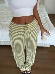 Pantalones rectos a rayas de estilo Y2K para mujer, con cintura con cordón, ideales para looks de calle, ir al trabajo, citas y ropa de estar en casa de verano. - amarillo - Ver 4