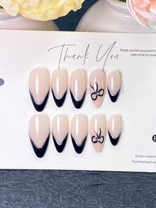 10 Pieces Of Handmade Press On Nails, Summer Nails, Short Nails,Almond-Shaped Nude Nails With Black Silver-Edged French Tips, Hand-Painted Black Bow Patterns And Central Rhinestone Decor, Perfect For Daily Wear, Dates And Casual Outing Occasions. - Black - View 1