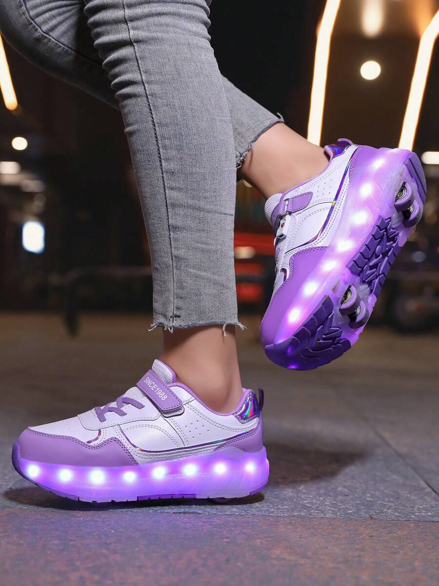 Unisex LED Rechargeable Light-Up Shoes, Children's Roller Skates, Multi-Functional Transformable Roller Shoes, Suitable For All Seasons, With Detachable Wheels, Perfect For Outdoor And Sports Skating - 紫色 - 查看 1