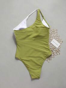 Women's Avocado Green & White Colorblock Asymmetric One-Shoulder One-Piece Swimsuit, 2026 Summer Beach Swimwear, Suitable For Beach, Pool, Vacation - Multicolor - View 3