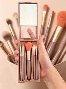 Portable 5-In-1 Makeup Brush Set With Mirror - Multicolor - View 12