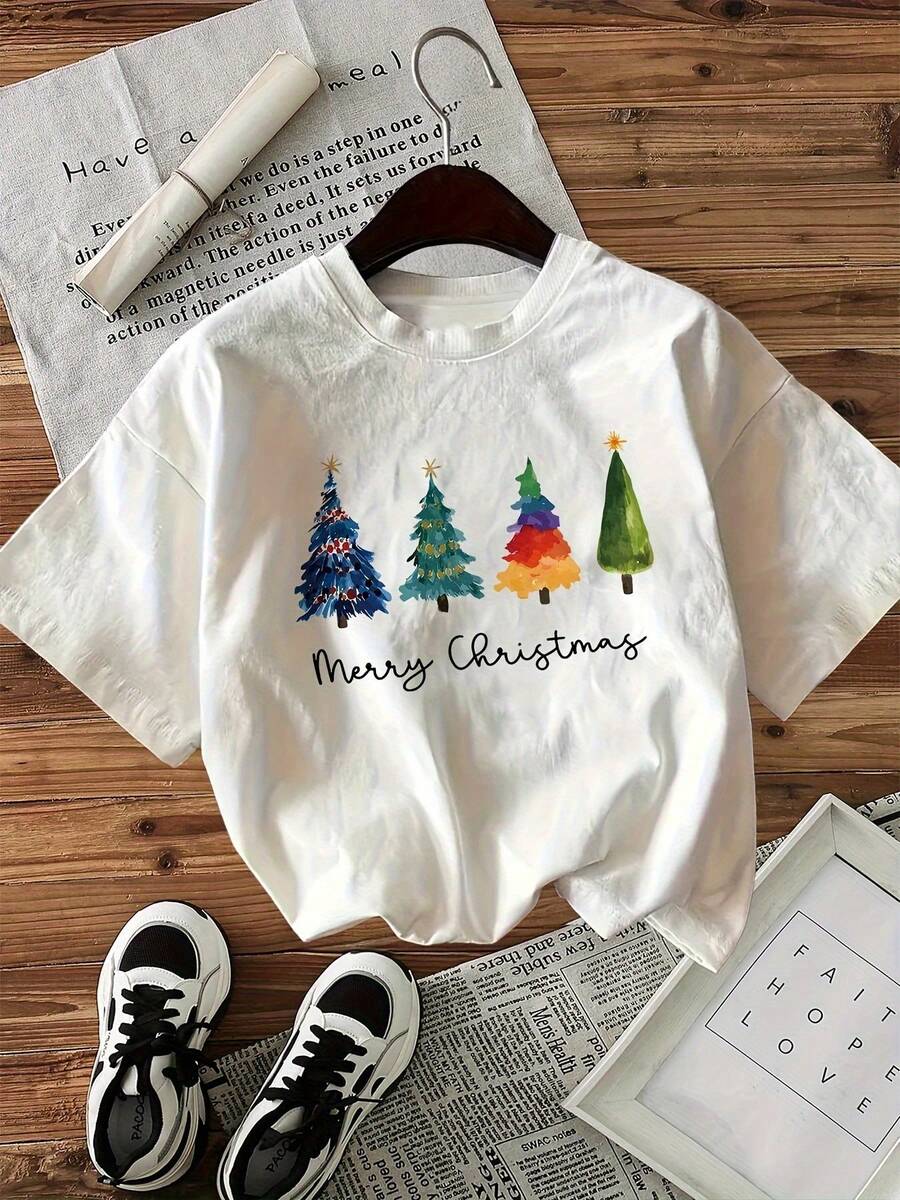Camiseta festiva blanca de Navidad - Camiseta de cuello redondo con inscción "Merry Christmas" y estampado de árbol colorido -