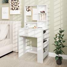 Vanity Table With Mirror, Makeup Desk With Drawer And 3-Tier Side Shelves, White - White - View 2