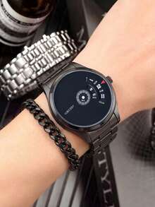 2 piezas Reloj de cuarzo para hombre con esfera digital y correa de malla, estilo de negocios de moda - Negro - Ver 1