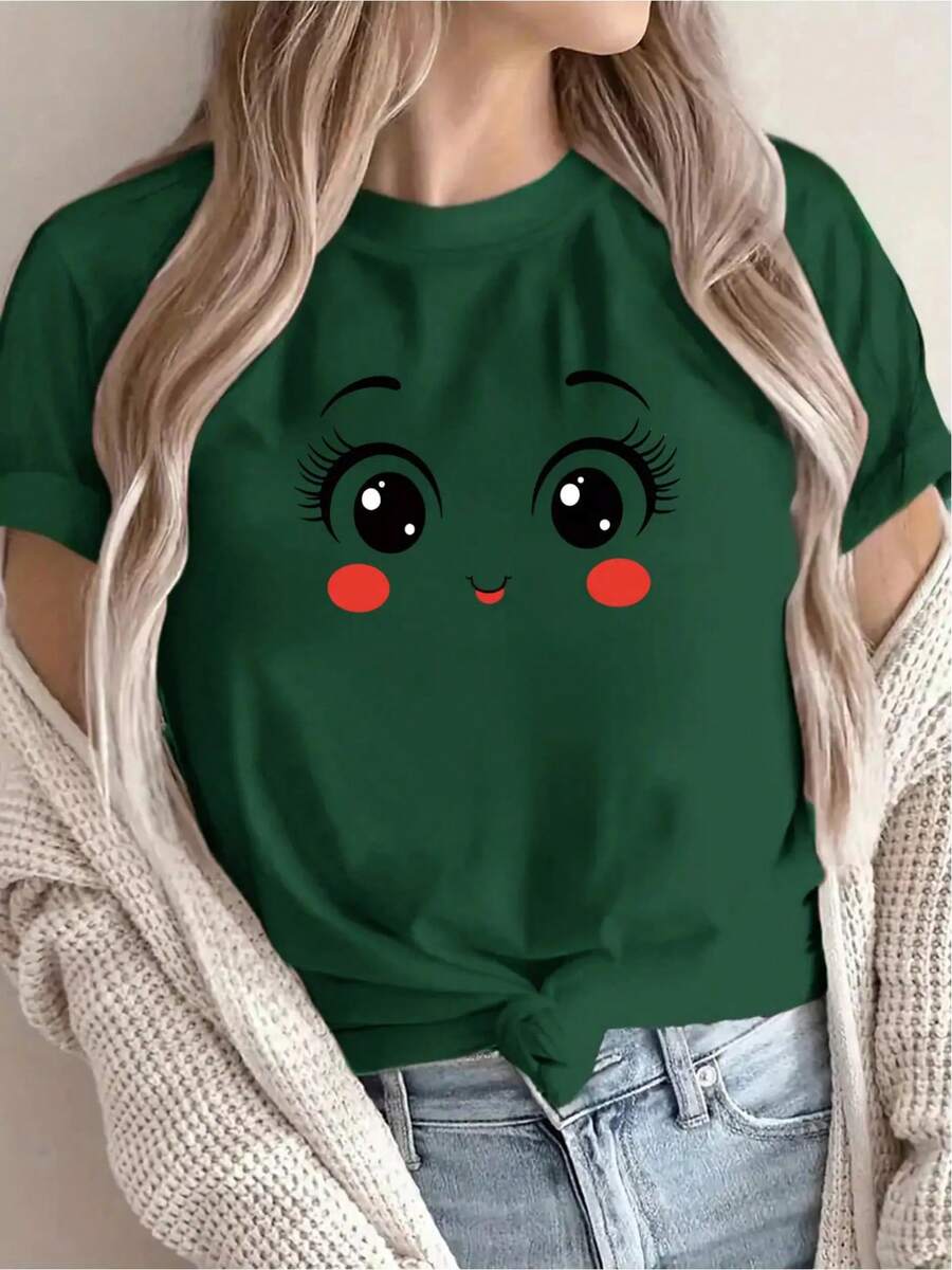 Camiseta esencial para mujer, cómoda en todas las estaciones, cuello redondo suave, estampado de moda - Verde oscuro - Ver 1