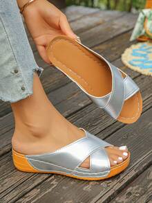 Women's Cross Strap Wooden Color Sandals Comfortable Minimalist Vacation Beach Home Daily Summer Silver Open Toe Slide Sandals - Silver PU - View 4