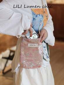 Adorable Sequin Shoulder Bag With Dreamy Gradient Pink Pearlescent Design, Sparkling Under Light. Compact Design And Adjustable Drawstring Strap Make It Ideal For Carrying Essentials, While Playful Sequins Add A Touch Of Fun To Casual Outfits, Holiday Looks, Or Night Outings. - Pink - View 3