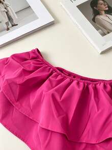 1pc Solid Color Ruffle/Frill Twist Multi-Layered Off-Shoulder Jumpsuit, Suitable For School, Party, Stage, Concert, All Seasons Summer - Hot Pink - View 8