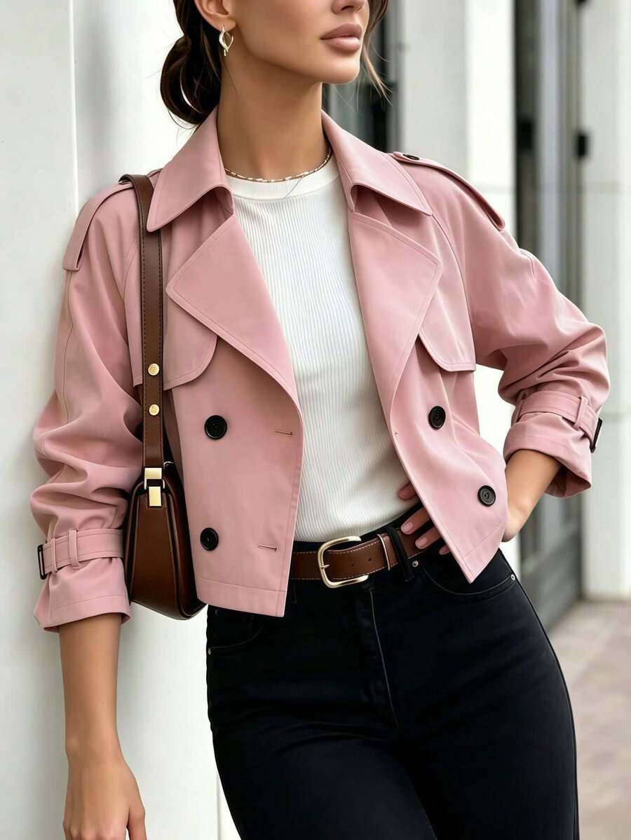 Women's Pink Long Sleeve Trench Coat With Collar And Buttons, Regular Fit Woven Fabric, Perfect For Fall - Pink - View 1