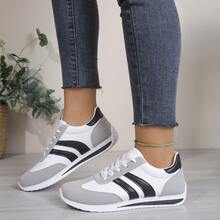 Zapatos deportivos casuales para mujer de unicolor con cordones, cómodos para el uso diario, ir de compras, sin fatiga, suela delgada, estilo deportivo minimalista universitario, zapatos planos, temporada de regreso a la escuela, moda versátil, zapatos casuales - Negro - View 2