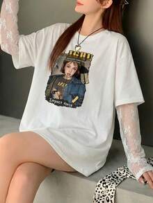 星河女孩个性化照片印花蕾丝拼接长袖圆领宽松针织白色女式上衣性感约会春夏休闲 - 白色 - 查看 4