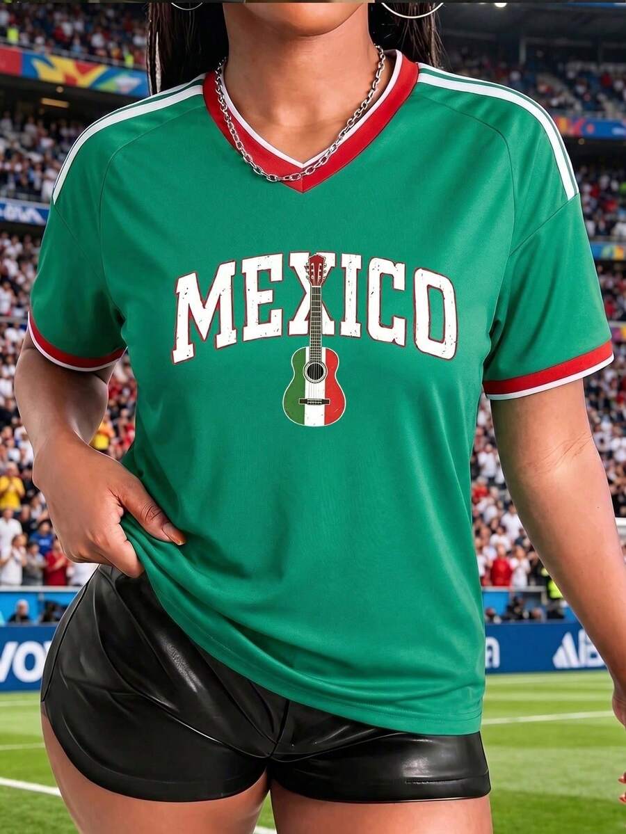Loose-Fitting Women's T-Shirt, Printed With The Colors Of The National And The Mexican Flag, Ideal For The National Team. Comfortably Soft For Everyday Wear. - 玫紅色 - 查看 1