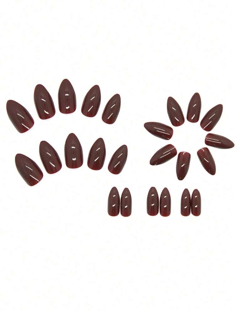 24 buah Stiker Kuku Lancip Mengkilap Cokelat, Set Kuku Palsu Akrilik Pas Sempurna, Termasuk 1 buah Lem Jelly dan 1 buah Kikir Kuku - Rust Brown - View 2