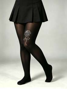 1 par de medias de talla grande negras transparentes con pedrería de rosa, sexy, brillantes, con patrón floral y alta elasticidad - Diamante de imitación rosa negro intenso - Ver 3