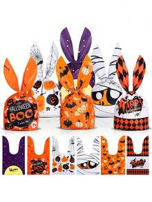 50pcs Halloween Rabbit Ear Shaped Plastic Gift Bags, Classic Pumpkin And Spider Web Print Storage Bags, Reusable Halloween Party Favor Bags, Holiday Table Decor, Carnival, Masquerade, Holiday Party Decoration Packaging Bags - Multicolor - View 4