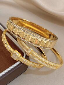 18K Golden Plated Minimalist Asymmetrical Bangle Bracelet Sets For Women Luxury Zirconia Bangle For Valentine'S Day Party Festival Jewelry Gifts - Multicolor - View 2