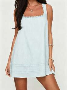 1 pieza Vestido mini elegante de unicolor con encaje de tela tejida y volante en el bajo, vestido de playa para mujer para primavera/verano - Azul menta - Ver 2