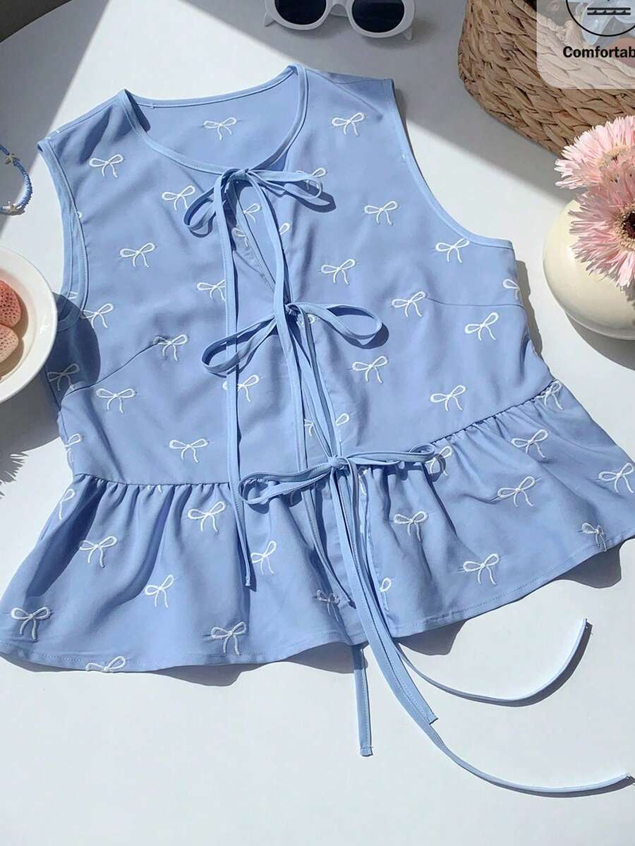 Blusa de rayas y estampado sin mangas para uso diario sencilla, tops sin mangas NMVL - Azul - Ver 1