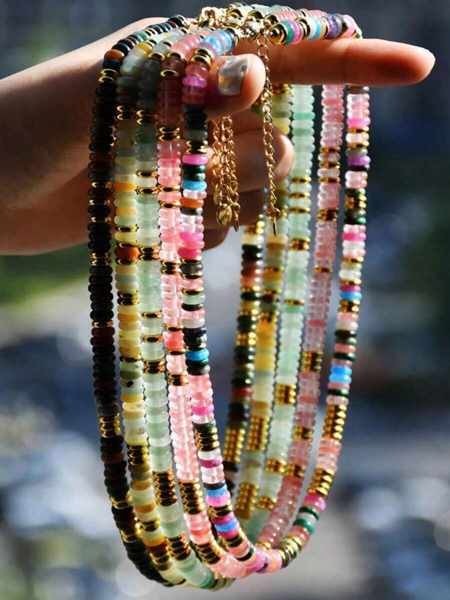 1 pieza Collar de cuentas de piedra natural con colores arcoíris estilo bohemio y dopamina, cadena de clavícula vintage de orgullo para mujeres, adecuado para uso diario, vacaciones, viajes, uso casual, regalo de joyería de moda para familiares y amigos - color - Ver 1