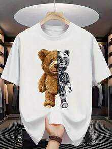 Playera Hombre Corte Regular Estampado Oso Cyborg,Suave Algodón Mezclado,Uso Cotidiano Ocio Variado y Sencillo Look Diario - Blanco - Ver 1