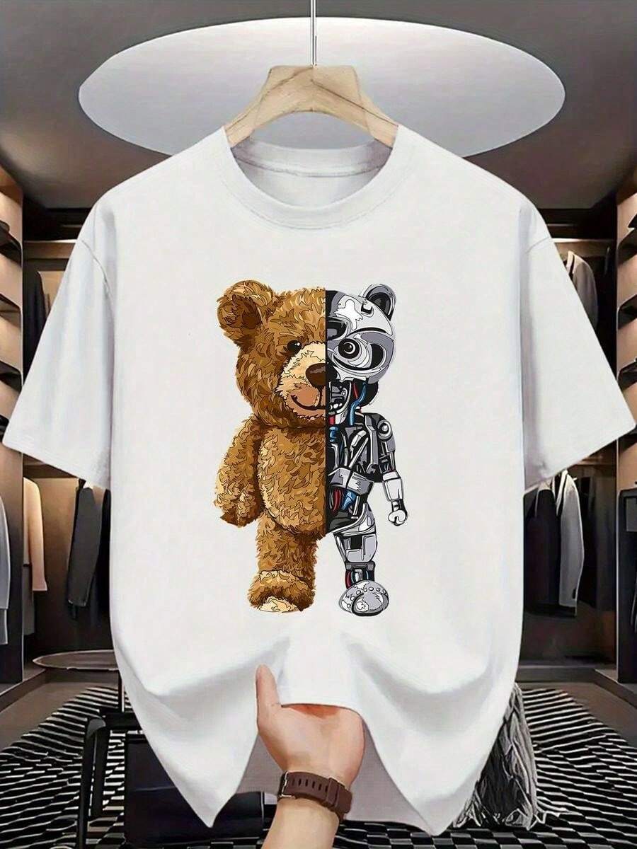 Playera Hombre Corte Regular Estampado Oso Cyborg,Suave Algodón Mezclado,Uso Cotidiano Ocio Variado y Sencillo Look Diario - Blanco - Ver 1