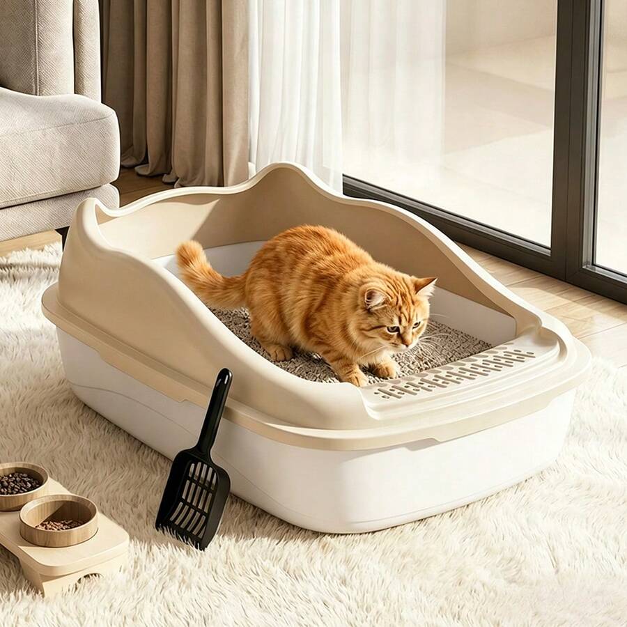 Katzenklo mit hohen Seiten und offener Oberseite, Anti-Tracking-Pedal, erhöhter Spritzschutzrand, große Katzenklo-Schale, leicht zu reinigende halb geschlossene Katzentoilette - Einheitsgröße - Übersicht 1