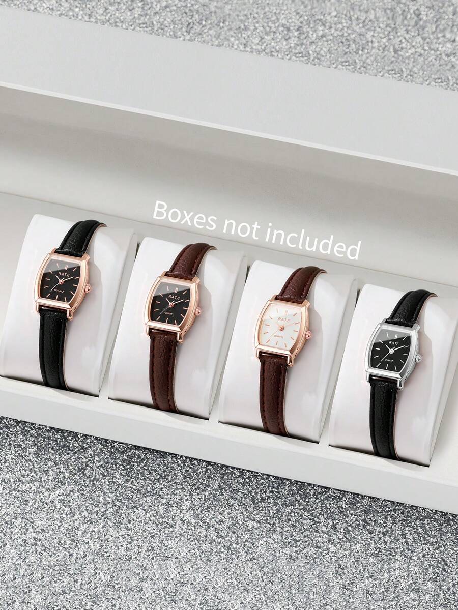 Women's Luxury PU Leather Strap Quartz Watch, Barrel-Shaped Minimalist Dial Delicate Small Wristwatch, Exquisite Gift For Girlfriend (4pcs/Set) Watch Box Not Included - Multicolor - View 1