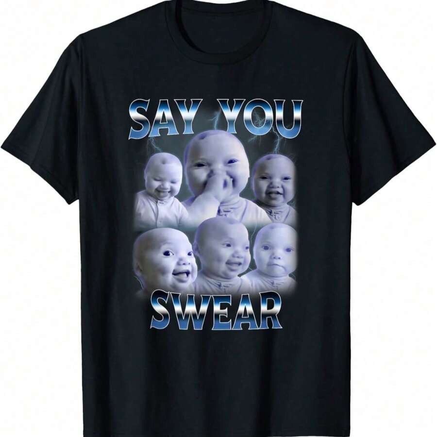 Genz "Say You Swear Ai Niche Baby Holding Back Laugh" Meme T-Shirt For Men, Women, And Couples, Cotton, Short Sleeve, Urban Style, Comfortable, Casual Summer Essential - 黑色 3 - 查看 1