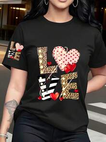 1 Loose-Fitting T-Shirt With Heart And Leopard Print, Modern And Eye-Catching Design, Comfortable And Versatile Style, New Y2K Summer Style. - 黑色 - 查看 1