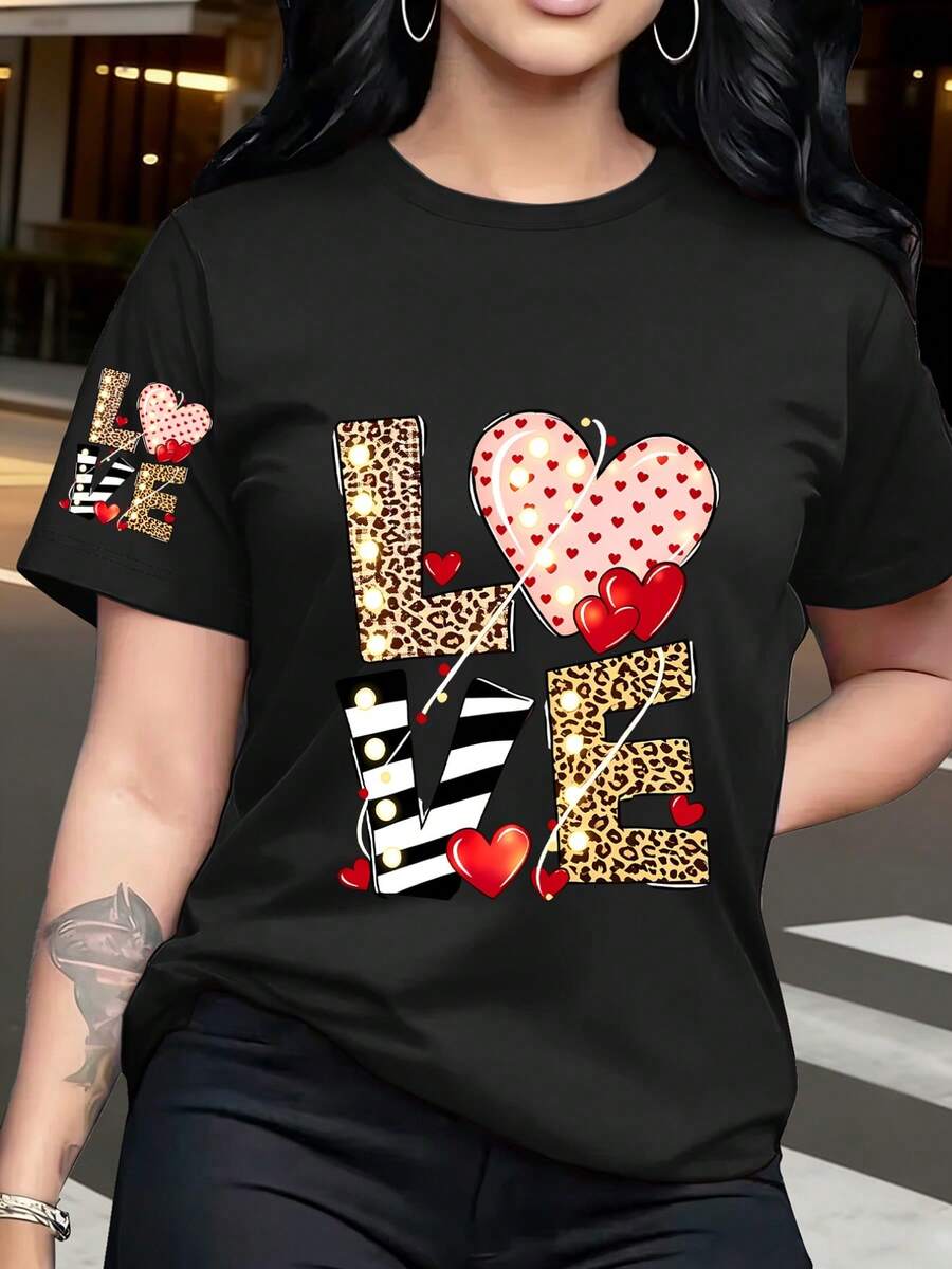 1 Loose-Fitting T-Shirt With Heart And Leopard Print, Modern And Eye-Catching Design, Comfortable And Versatile Style, New Y2K Summer Style. - 黑色 - 查看 1