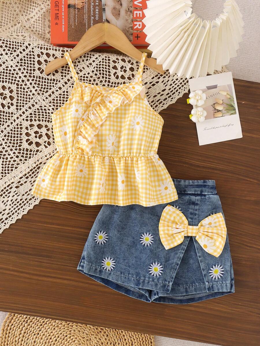2pcs Young Girls Cute Casual Cherry Camisole Top & Embroidered Denim Skirt Set, Summer Vacation Style - Multicolor - View 1