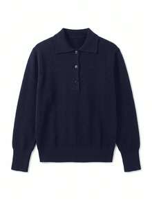 JustMiss Women's Thick Knit Sweater With Turn-Down Collar, Button-Up Half-Open Front, Long Sleeve, Solid Color, Minimalist Preppy Casual Commuter Style, Autumn/Winter - Navy Blue - View 6