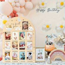 2D Flat First Year Photo Wall, Commemorative Photo Frame, Floral Decorated Wooden Frame, Suitable For Baby Birth To One Year Old Photos, Decoration. No Electricity Required - A - View 14