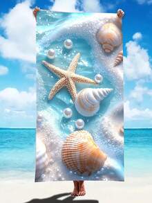 1pc[Ocean Series][Soft Quick-Dry]250g Microfiber Large Beach Towel | Size: 70*140cm/90*180cm | Printed Pattern: Waves, Beach, Pearls, Shells And Starfish | Highly Absorbent, Portable And Easy To Use, Can Be Used As Pool Towel, Swimming Towel, Beach Towel | Suitable For Beach, Yoga, Camping, Fitness And Travel - Shallow Water Pearl Oysters - View 6