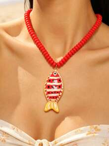 1pc Vintage Elegant Personalized Y2K Women's Necklace, Dopamine Colorful Acrylic Tropical Fish Pendant Necklace Exaggerated Beaded Choker, Suitable For Daily Wear, Party, Date, Holiday, Music Festival, Summer Beach Vacation, Commemorative Gift For Friends, Family, Couples, Women, Jewelry Accessory Original Design - Multicolor - View 2