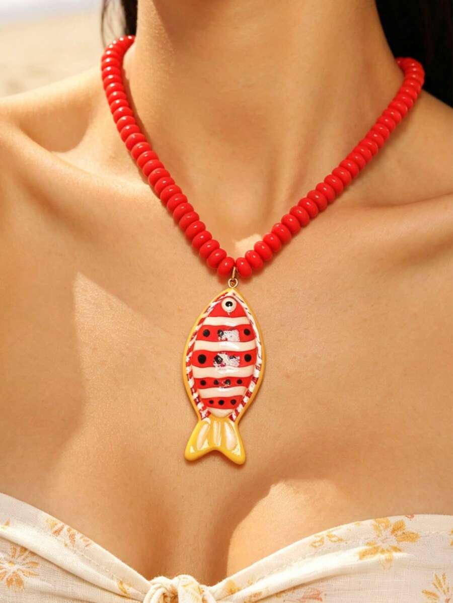 1pc Vintage Elegant Personalized Y2K Women's Necklace, Dopamine Colorful Acrylic Tropical Fish Pendant Necklace Exaggerated Beaded Choker, Suitable For Daily Wear, Party, Date, Holiday, Music Festival, Summer Beach Vacation, Commemorative Gift For Friends, Family, Couples, Women, Jewelry Accessory Original Design