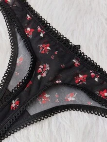 5条/套 女士低腰丁字裤，网纱蝴蝶草莓印花，性感撞色设计，黑色丁字裤，情侣/情人节礼物 - 彩色 - 查看 7