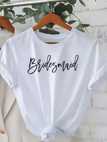 Camiseta de manga corta con cuello redondo para mujer, camiseta con estampado de letras cursivas para damas de honor, camisetas casuales para bodas, despedidas de soltera y uso diario. - Blanco - Ver 2