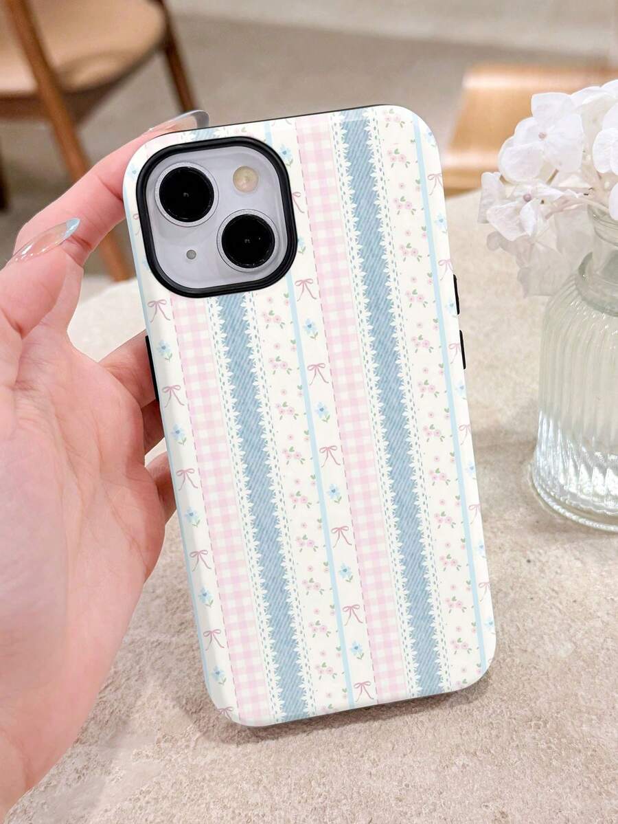Una elegante funda para teléfono que no incluye cordón ni soporte. Funda Rígida para Teléfono con Diseño de Lazo Rosa, Antigolpes, 1 Pieza, con Motivos Florales, Rayados, a Cuadros, Lazo de Encaje Brillante, Película Suave 2 en 1, Cobertura Total, Compatible con/11/12/13/14/15/16/17 Pro, Versión Internacional, No la Versión Nacional, Regalo de Primavera - Multicolor - Ver 1