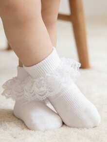 1 Đôi Tất Bé Gái Phong Cách Công Chúa Bằng Cotton Mỏng Mềm Thoáng Khí Có Nơ Rỗng Ren - trắng - Xem 2