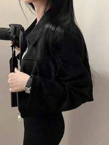 女士纯色翻领拉链长袖外套，适合日常、上学、机场等场合，春秋季黑色 - 黑色 - 查看 4