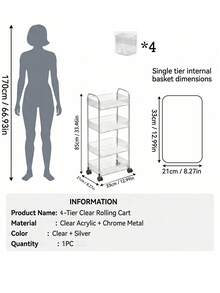 1pc 2/3/4 Tier Rolling Cart, Transparent Multi-Functional Storage Cart With Handle And Wheels, Mobile Storage Rack, Suitable For Office, Bathroom, Kitchen And Living Room, Transparent Practical Cart, Home Storage - Clear - View 13
