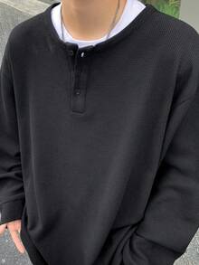 1pc Men's T-Shirt Waffle Texture Knit Fabric Pure Black Basic Style Daily Commute Versatile T-Shirt Korean Style Men's Long Sleeve Top Spring Autumn Versatile Base Layer - Black - View 9