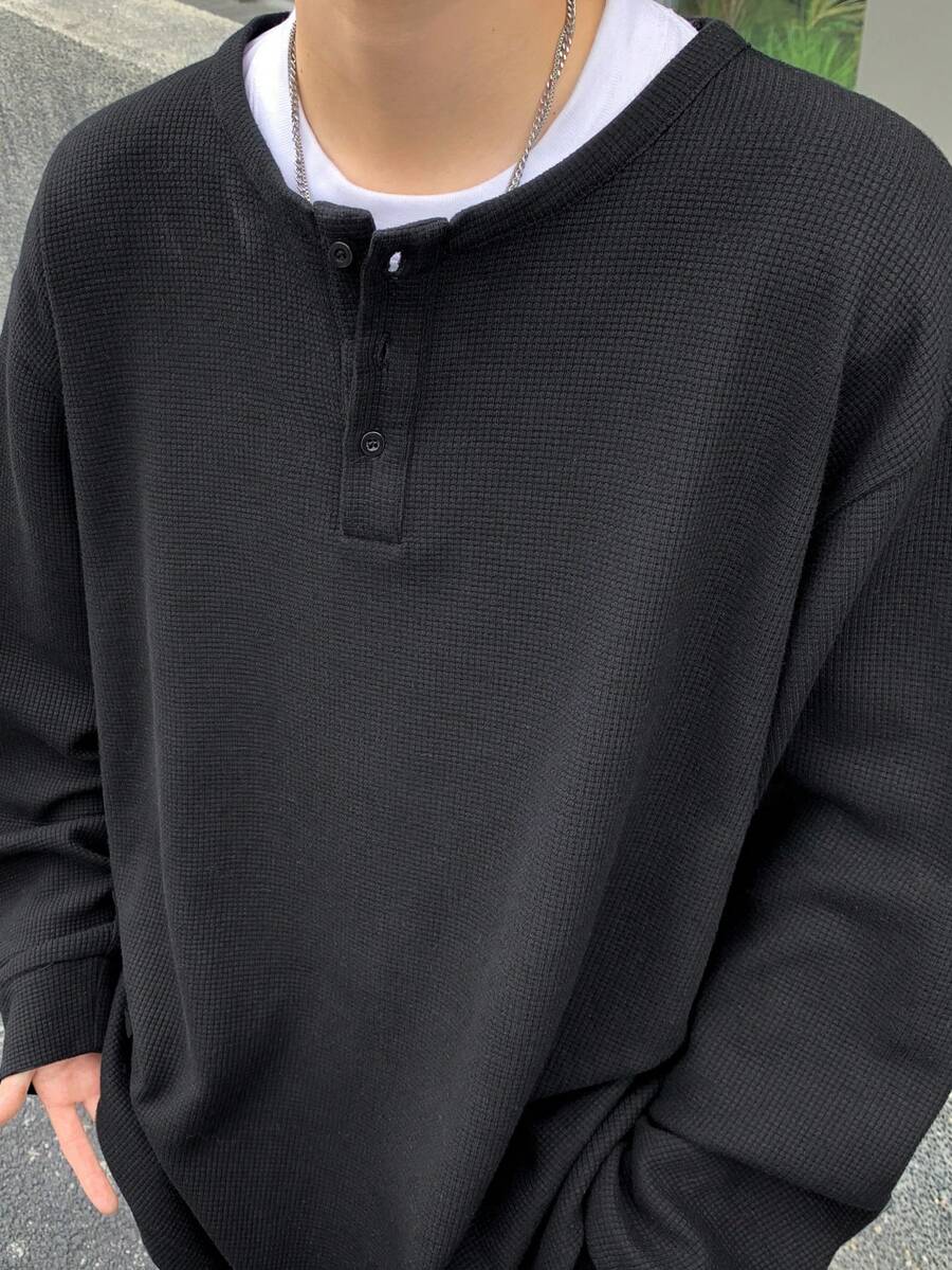 1pc Men's T-Shirt Waffle Texture Knit Fabric Pure Black Basic Style Daily Commute Versatile T-Shirt Korean Style Men's Long Sleeve Top Spring Autumn Versatile Base Layer - Black - View 1