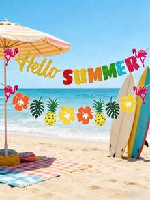 2pcs/1set Hello Summer Banner, Hawaiian Party Decoration, Pineapple Flamingo Garland, Summer Beach Pool Birthday Party Backdrop Decoration, Suitable For Summer Holiday Gatherings And Hawaiian Theme Indoor/Outdoor Party Hanging Decoration, Party Photo Backdrop Props - View 1