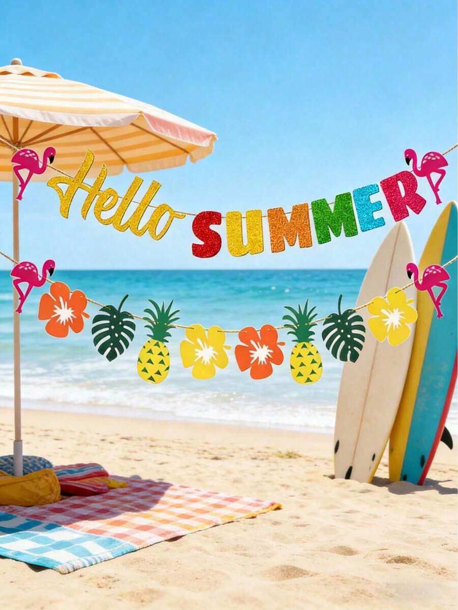 2pcs/1set Hello Summer Banner, Hawaiian Party Decoration, Pineapple Flamingo Garland, Summer Beach Pool Birthday Party Backdrop Decoration, Suitable For Summer Holiday Gatherings And Hawaiian Theme Indoor/Outdoor Party Hanging Decoration, Party Photo Backdrop Props - View 1